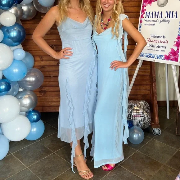 Cider MESH RUFFLE HEM RUCHED MIDI DRESS in Blue Size L (US 8) 💙💎🦋 - Picture 4 of 6